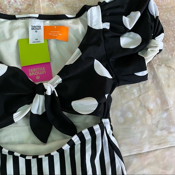 Striped Dot Print Puff Sleeve Tie Front One Piece Swimsuit Tabitha Brown NWT - Picture 16 of 16